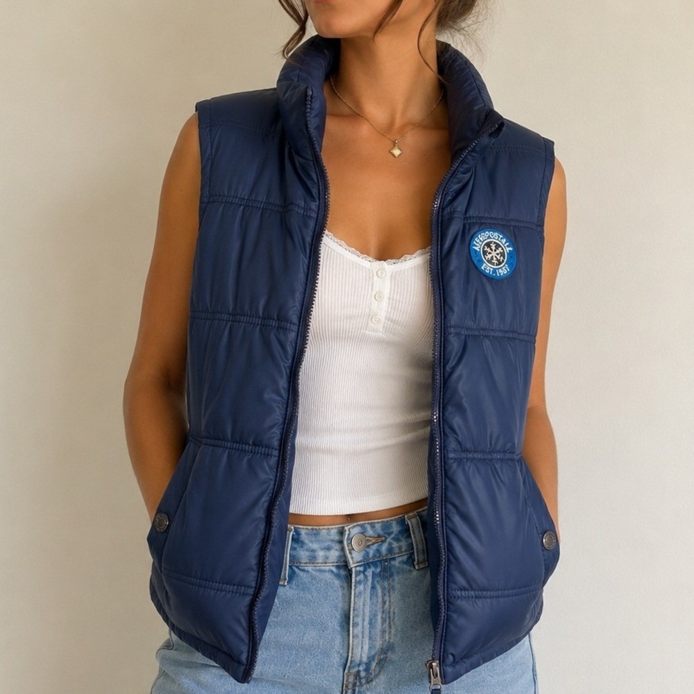 Aeropostale Puffer Vest Medium Navy Y2K Preppy Zip Up Winter Layering Jacket